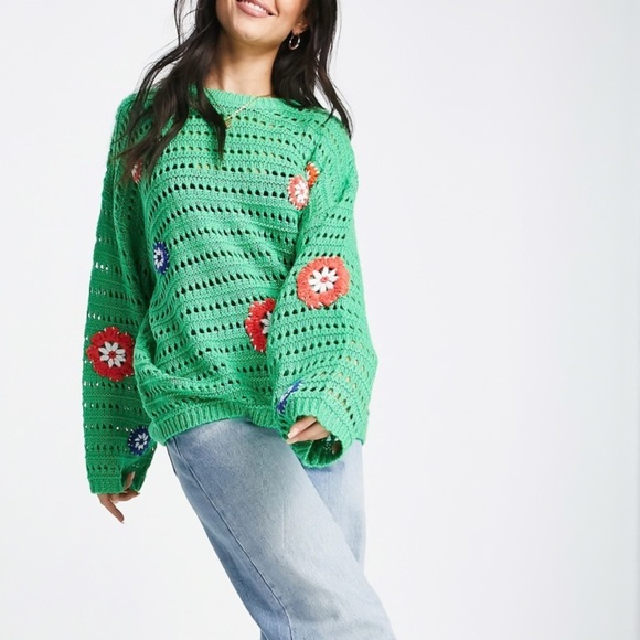 ASOS Green Crochet Sweater with Floral Detail – Size 4 - Picture 1 of 9